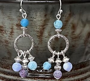 Etched Silver and Blue and Purple Fire Agate Bead Dangle Chandelier Earrings