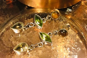 Genuine 925 Sterling Silver Peridot, Lemon Quartz & Tiger Eye Earrings - Picture 1 of 6