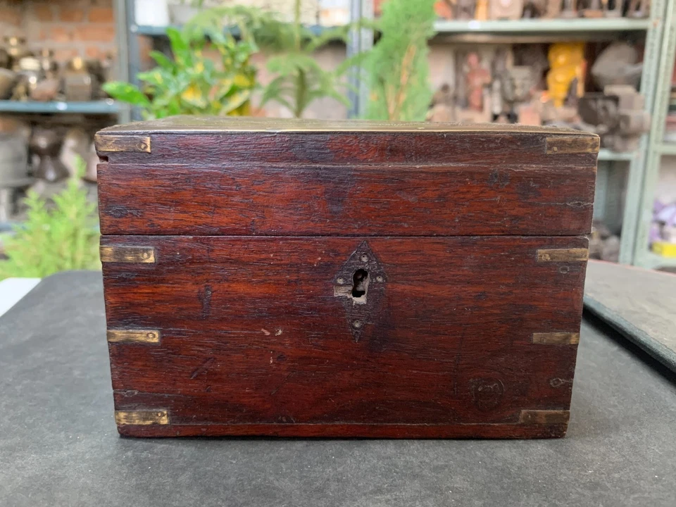 1890's Antique Hand Crafted Wooden Brass Indian Jewelry Box With Safety Key Lock - Image 1 of 4