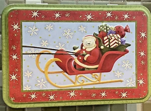 Vintage Lidded Embossed Decorative Tin Santa Bear in Sleigh 7.75x5.25" - Picture 1 of 4