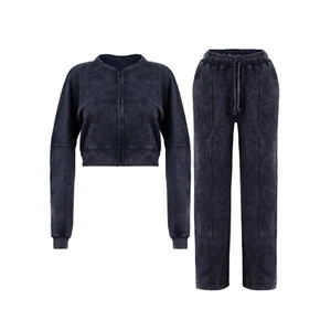 Women Zip Up Acid Wash Tracksuit Bomber Jacket Straight Leg Jogger 2Pc Outfit - Picture 1 of 51