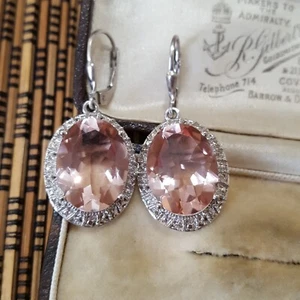 925 Sterling Silver Earrings, Large Morganite Doublet Gemstones Dangle,Victorian - Picture 1 of 6