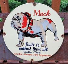 VINTAGE 1953 DATED MACK GASOLINE-DIESEL PORCELAIN ENAMEL GAS PUMP SIGN BULLDOG