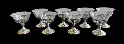Joseph Seymour JS & Co. Sterling Silver Desert Cups Etched Crystal Liners Set /8 Cover