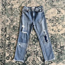 Derek Lam 10 Crosby Women's Patched Distressed Cropped Jean Blue Sz 29 Raw Hem