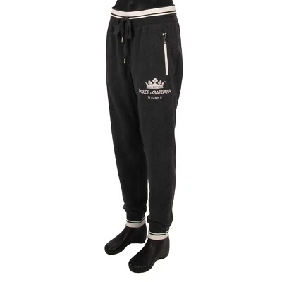 DOLCE & GABBANA DG Logo Crown Zip Pocket Cotton Jogging Pants Dark Gray - Image 1 of 4