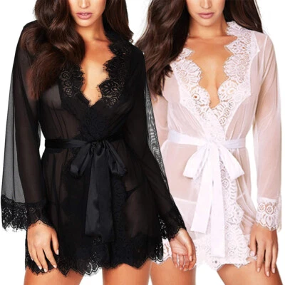 Women's Eyelash Lace Kimono Robe Sheer Babydoll Sexy Lingerie Mesh Nightgown - Image 1 of 4