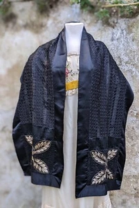 EDWARDIAN BLACK RIBBON SHAWL WITH HAND EMBROIDERED FLORAL ENDS - Picture 1 of 7