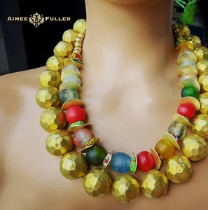 Multicolor African Recycled Glass Frost Necklace Rainbow Color Hammered Gold - Picture 1 of 24