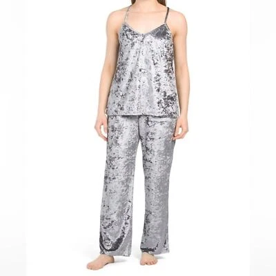 Josie Natori Nuevo Talla Mediana Terciopelo Aplastado Tanque Pantalón Pijama Conjunto Gris Granito Foto 1 de 4