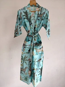 Cream Multicolor Kimono Bath Robe Safari Print Cotton Maxi Gown Beach Wear Dress - Picture 1 of 11