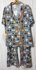 Nite Nite by Munki Munki Grey Cat Halloween Pajama Set Women's 2X Soft Comfy NEW - Picture 1 of 7