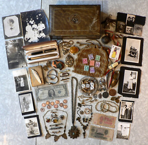 Antique Vintage Junk Drawer Lot Jewelry Coins Watches Purse Knife Copper Nugget