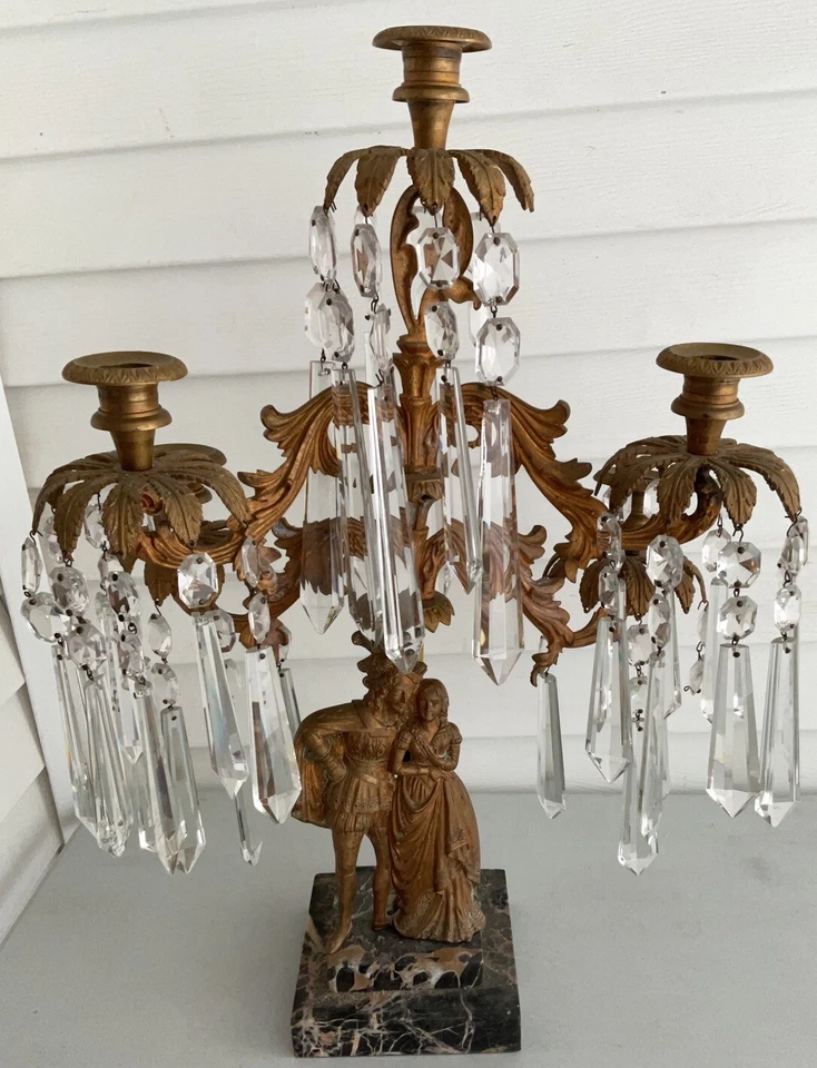 ANTIQUE VICTORIAN BRASS CANDELABRA,5 ARM CANDLE HOLDERS,GLASS PRISMS,MARBLE BASE - Image 1 of 4