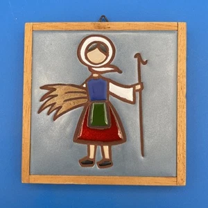 Helen Michaelides E. Mixandidou Hanging Art Tile MCM Framed 4"x4" Greek Woman - Picture 1 of 8