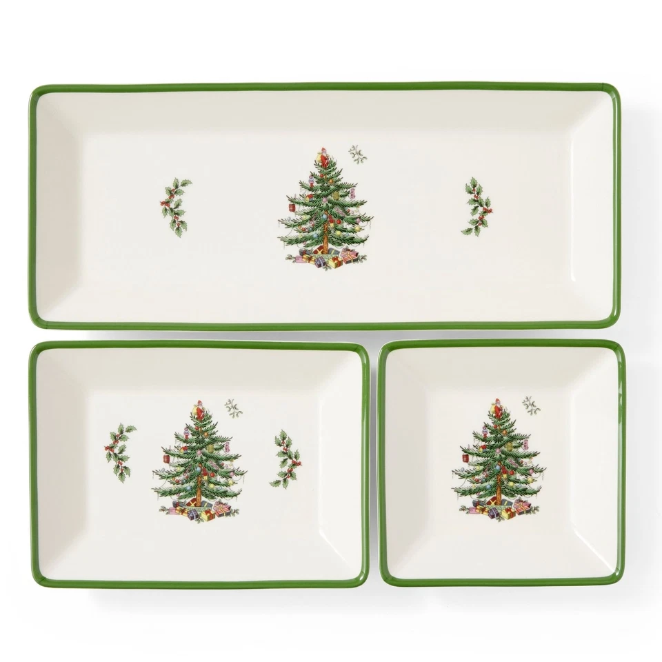 Spode Christmas Tree 3-Piece Dessert Trays Serveware - Holiday Dinnerware & Dec