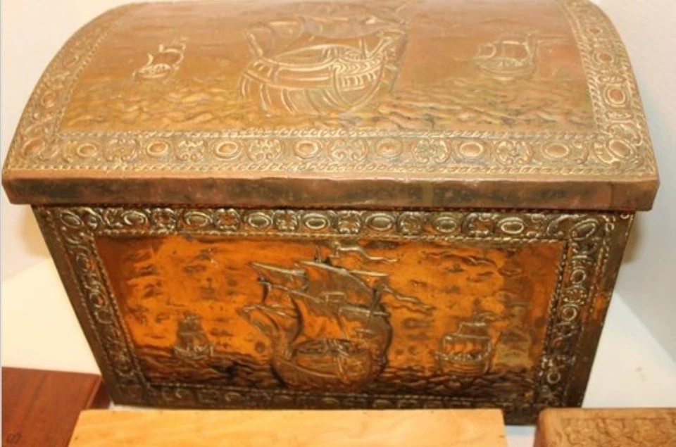 Vintage Embossed Brass Wood Treasure Chest Trunk Nautical Ship Scene Dome Lid - Image 1 of 4