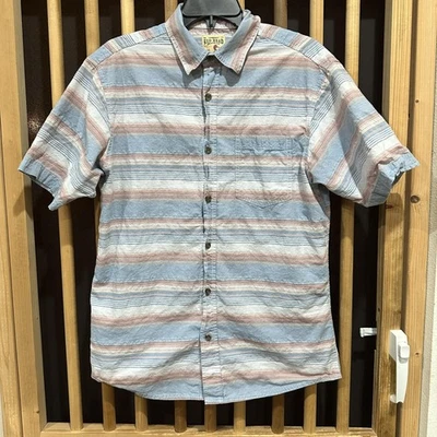 Red Head Shirt Mens Medium Striped Button Up Short Sleeve Casual Blue Pink - Image 1 of 4