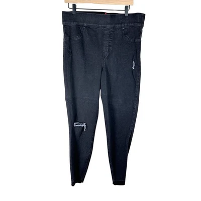 Pantalones de mezclilla ajustados SPANX negros desgastados 1X tiro alto adelgazantes Y2K grunge dobladillo crudo Foto 1 de 4