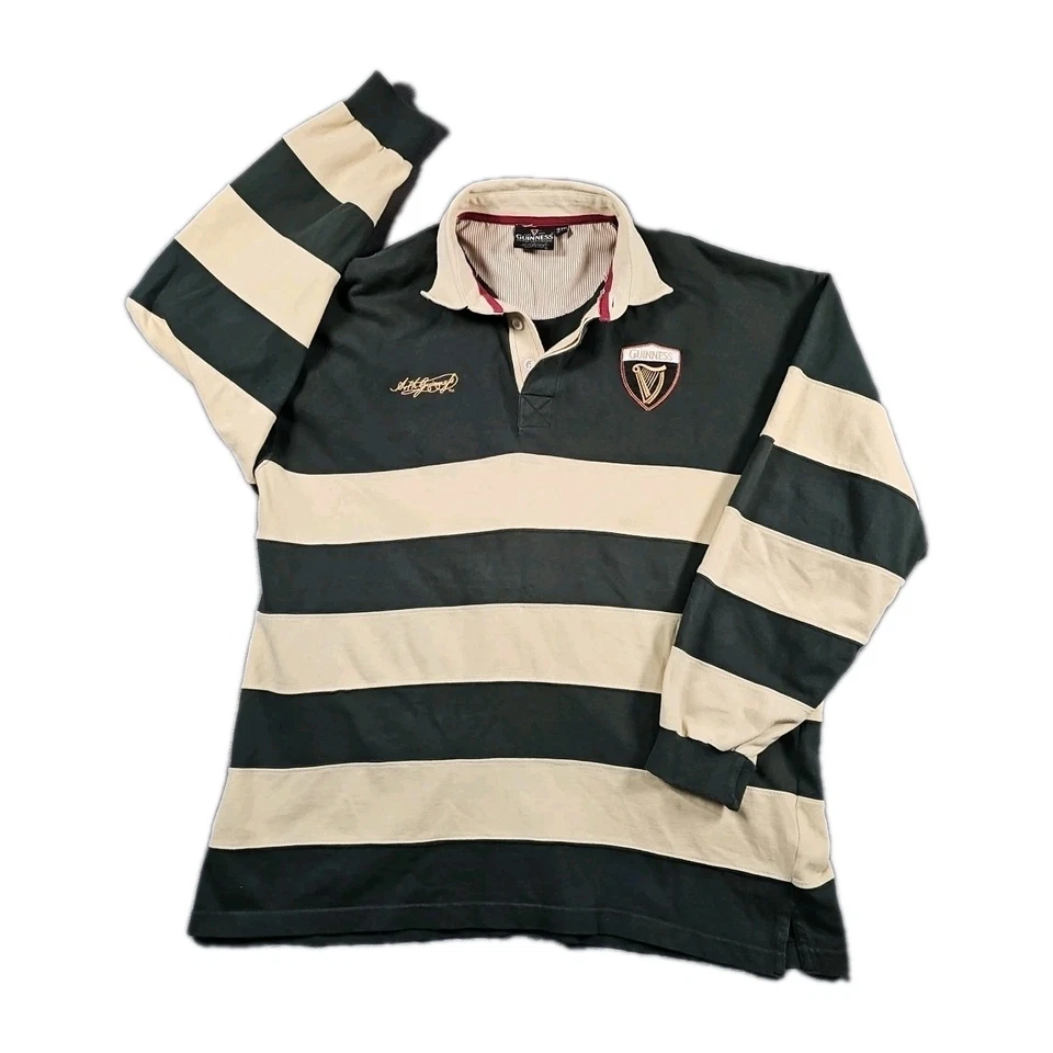 吉尼斯橄榄球 Polo 衫男式 XXL 绿色奶油色宽条纹刺绣标志 — 第 1/4 张图片