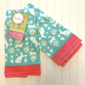 2 EASTER BUNNY RABBIT KITCHEN HAND TOWELS Daisy Tulips Polka Dot Pink White Teal - Picture 1 of 1