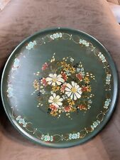 Vintage Hand Painted Flowers On Round Wood Tray Plaque Blue Teal