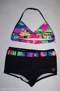 Girls TWO PIECE Swimsuit BLACK BOY SHORTS Bikini Top TROPICAL Pink Green S 6-6X - Picture 1 of 1