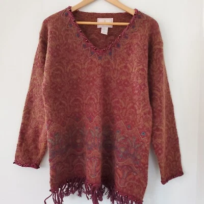 Suéter túnica boho años 90 EXPRESS TRICOT M mezcla de lana mohair tapiz granate flecos  Foto 1 de 4