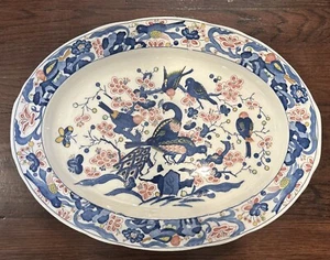 Vintage Platter Blue Birds Floral White Hand Paint Ceramic Unmarked 18.5"x 14" - Picture 1 of 13