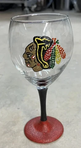 Chicago Blackhawks Hand Painted Stemmed Wine Glass; RARE; Large Cover
