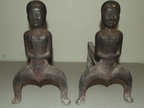 Antique 1800s Civil War Era Black Americana Figural Cast Iron Fireplace Andirons Cover