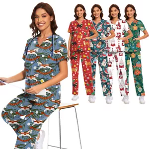 100% Cotton Unisex Cartoon Print V-Neck Scrub Tops - Short Sleeve for Women & Me - Picture 1 of 62