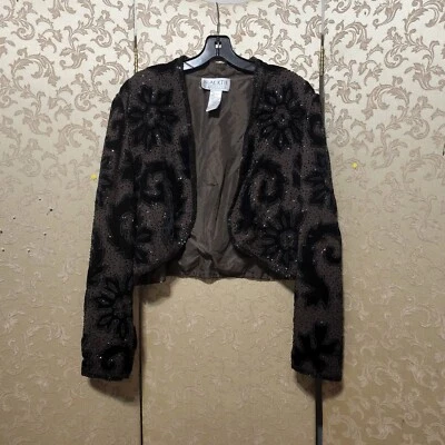 Chaqueta Bolero Oleg Cassini Negra Corbata Marrón Terciopelo Floral Talla Mediana M Foto 1 de 4