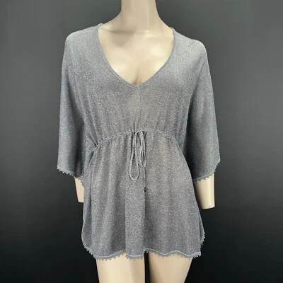 Monsoon Silver Metallic Knit Top Sheer V-Neck Drawstring Waist Medium - Image 1 of 4