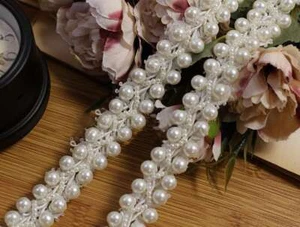 Ivory Pearls Beaded Lace Trim Ribbon for Dress DIY Materials Sold By the Yard - Picture 1 of 6