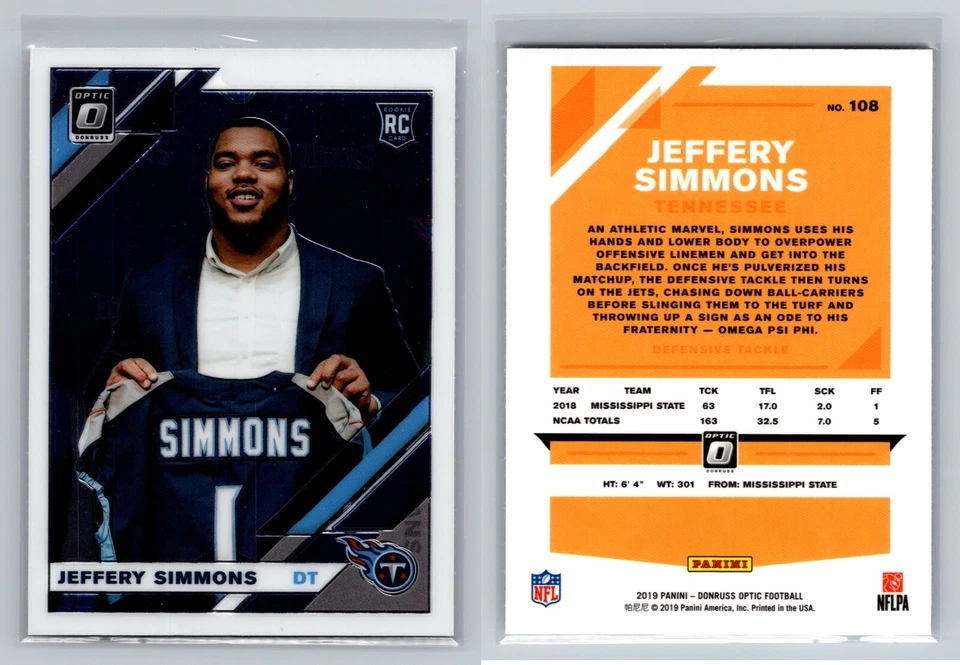 Jeffery Simmons 2019 Donruss Optic RC #108 Rookie Card Tennessee Titans - Image 1 of 1