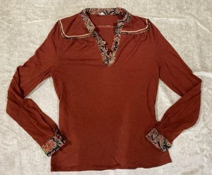 Vintage 70s Blouse Shirt Long Sleeve Paisley Red Orange Bohemian Small Medium - Picture 1 of 5