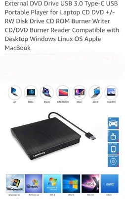 External DVD Drive USB 3.0 Type-C USB Portable Player for Laptop CD DVD +/-RW Di - Image 1 of 2
