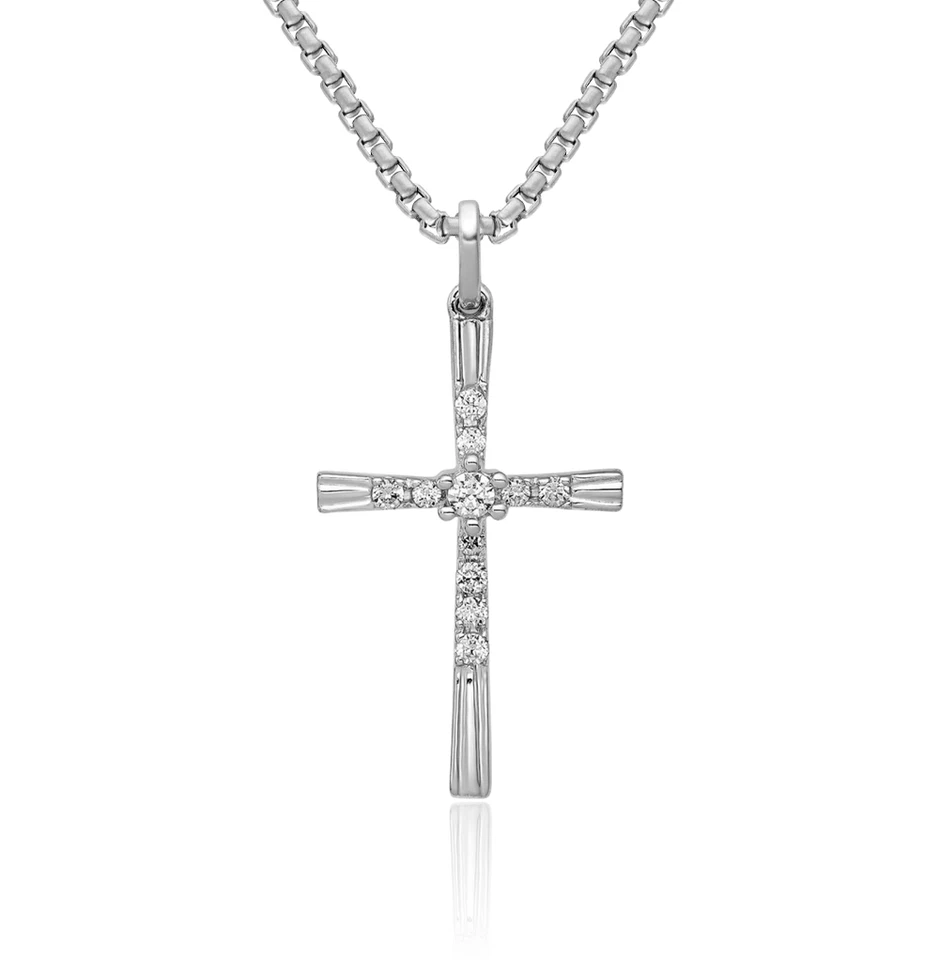 10K Solid White Gold Diamond Cross Necklace - Image 1 of 1