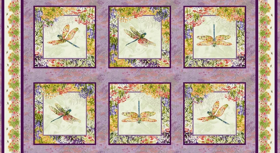 HENRY GLASS & CO. Dragonflies Flowers Fabric 24" X44" Panel Dragonfly Dance Cotton by Henry Glass