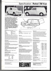 Reliant Rebel 750 Van Specifications 1972-1973 UK Market Single Sheet Brochure - Picture 1 of 1