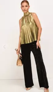 Next Womens Top Halterneck Pleated Gold Metallic Size S Small RRP £38 - Picture 1 of 8