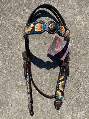 Circle Y buckstitched sunflower Western browband headstall - Image 1 of 3
