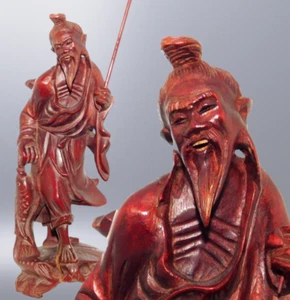 ANTIQUE CHINESE CARVED HARD WOOD RED WOODEN SUPERB FISHERMAN QING DYNASTY ERA - Picture 1 of 10