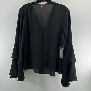 Vince Camuto Double Ruffle Button Front Blouse Rich Black- Size Medium- NWT - Picture 1 of 6