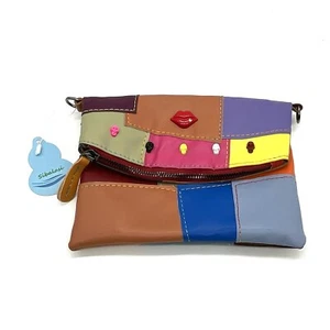 Leather Patch Clutch Fold Over Purse Colorful Skull Studs Zip NWT Unique - Picture 1 of 4