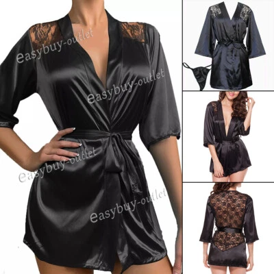 Women's Sexy Satin Lace Kimono Sleep Robe Lingerie Sleepdress Babydoll Nightwear - Image 1 of 4