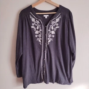 J Jill Gray Embroidered Top 2X Soft Cotton Blend Knit Relaxed Fit Blouse - Imagen 1 de 9