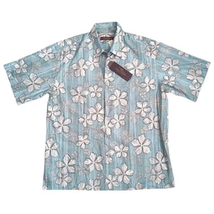 Tori Richard Hawaiian Shirt Floral Hibiscus Blue Cotton Mens Large New with Tags - Picture 1 of 10