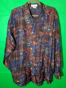 Montage Pour Homme Men XL 100% Silk Long Sleeve Shirt Geometric Print Retro - Picture 1 of 3